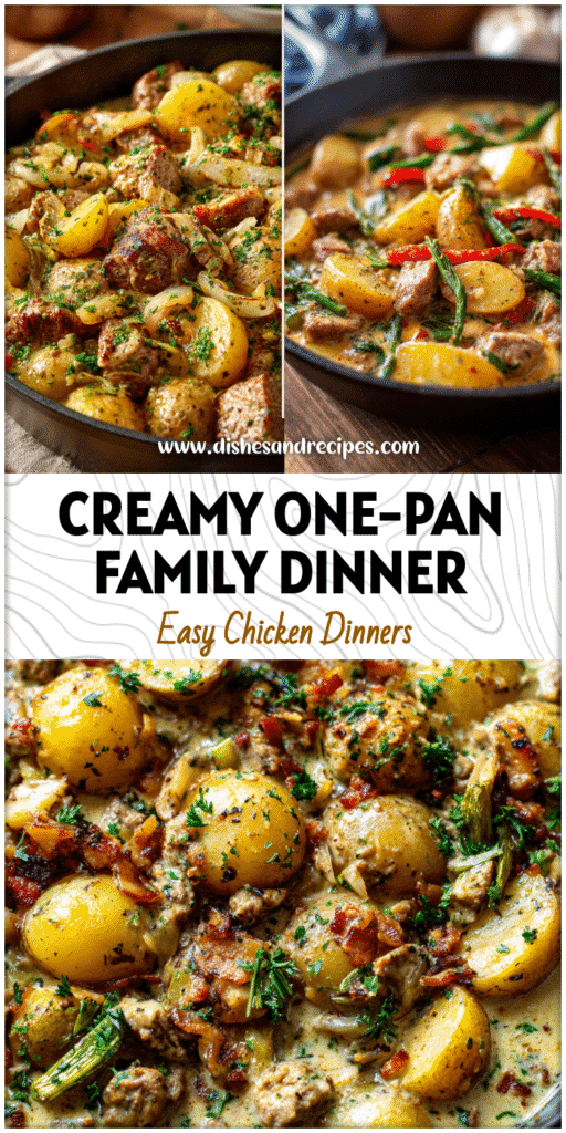 Creamy one-pan skillet with golden potatoes, tender meat, and mixed frozen veggies in a comforting sauce.